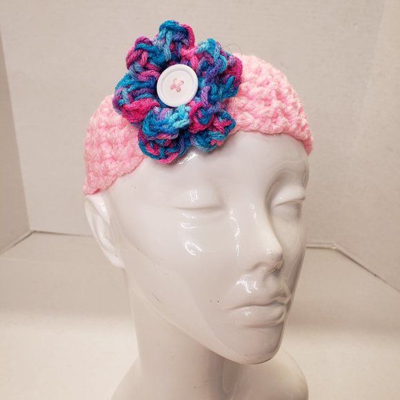 Woman's Handmade Crochet 2 Scrunchies and Flower Headband Bubblegum Multicolor - Picture 3 of 12